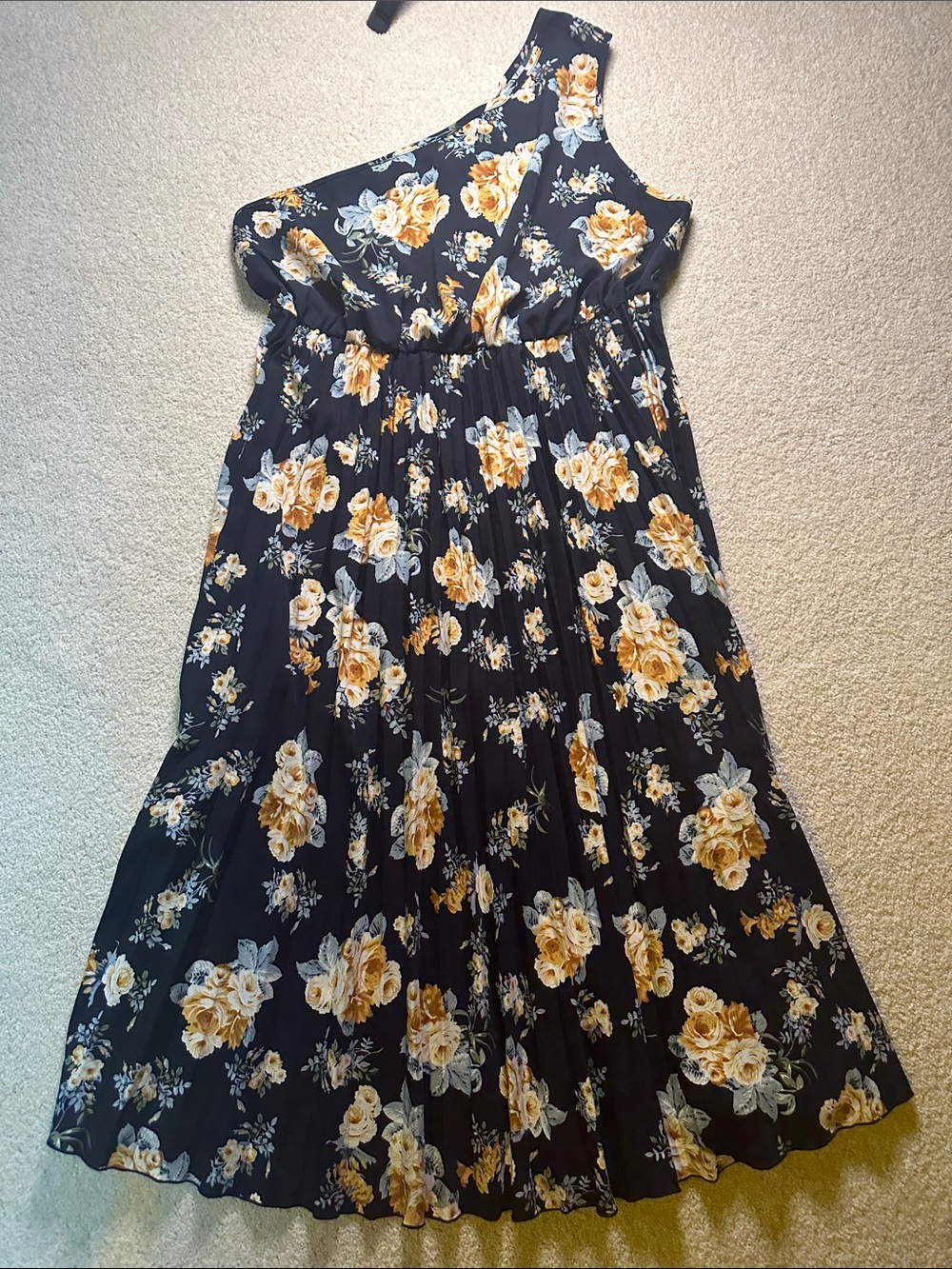 SHEIN Navy One-Shoulder Dress with Yellow Floral Print